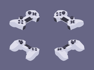 Set of the isometric white gamepads. The objects are isolated against the dark-violet background and shown from different sides