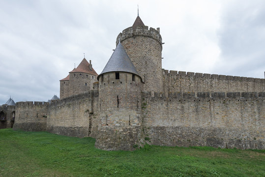 Fortification of famous medieval castle of Carcassonne, France.
