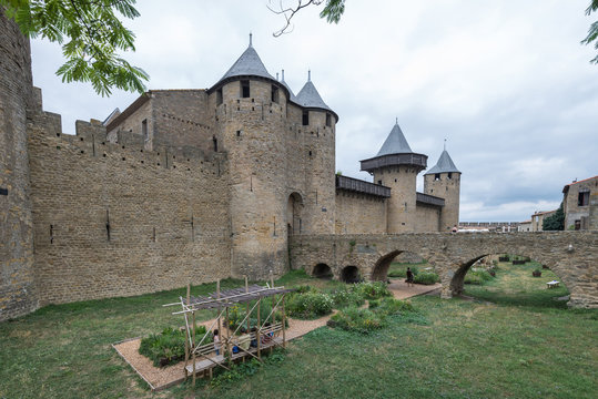 Entrance of famous medieval castle of Carcassonne, France.
