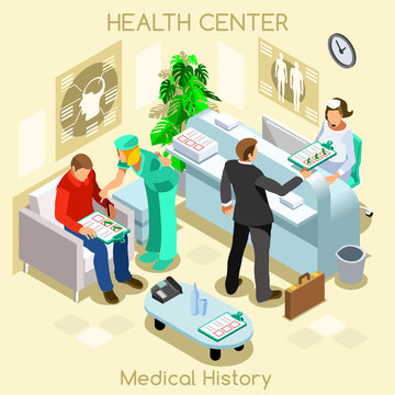 Clinic patient medical history waiting room before medical visit. Hospital clinic reception patients waiting medical consult. Healthcare 3D flat isometric people collection.