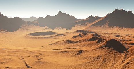 Dust storm on Mars. Sunset on Mars. Martian landscape with craters © Peter Jurik