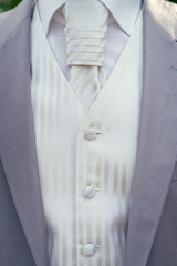 Detail view of groom's wedding suit with tie and vest.