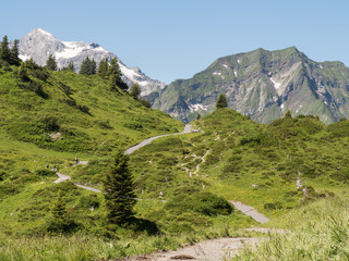 A view of Alpine mountains surrounding the village Schroecken in Bregenzerwald, region Vorarlberg, Austria