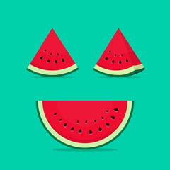 Watermelon slices vector illustration isolated on green, big watermelon half slice with seeds and small watermelon slices icons set with shadow