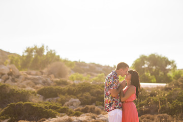 sensual romantic couple in love outdoor in summer day, beauty of nature, harmony concept