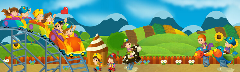 Obraz na płótnie Canvas Cartoon scene of kids playing in the funfair - illustration for children