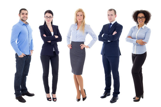 full length portrait of young business people isolated on white