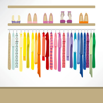 Fashion shop background with clothing on hangers, shirts, dresses and shoes