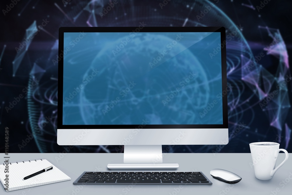 Poster composite image of image of a desk with computer