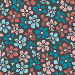 blue and orange flower seamless pattern, vector illustration