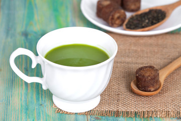 green tea with milk or hot matcha latte with cane