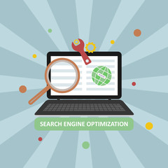 Search engine optimization vector illustration with laptop and icons in the middle. SEO.