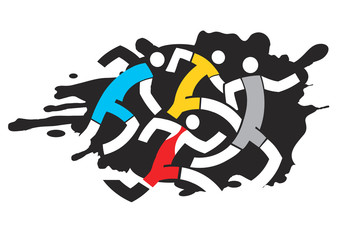 Runners competition.
Colorful stylized illustration of race runners on the black grunge background. Vector available. 
