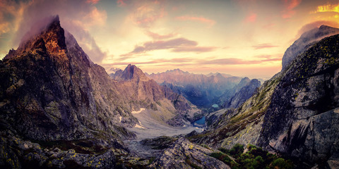 Vintage mountains at sunset