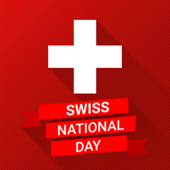 Swiss international day background. Flat modern vector illustration with a flag and ribbon for Switzerland Independence Day.