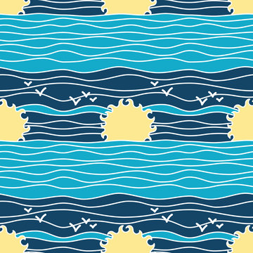 Summer Marine Seamless Pattern. Repetitive Texture with Sun, Waves, Seagulls and Clouds. Bright  Sea Holidays Kids and Fashion Modern Background