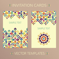Fototapeta premium Set of abstract vector cards. Two vector templates with bright design. Vector invitation cards. Vector templates for Save the Date, birthday or retro cards. Vector cards with random colored tiles.