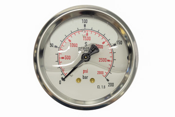 pressure gauge in bar and psi unit isolated on a white backgroun