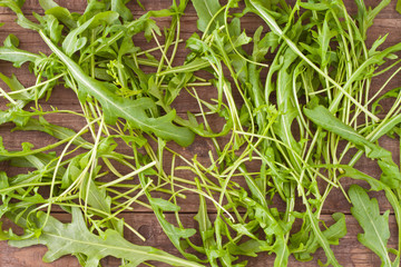 Fresh green arugula on a wooden table