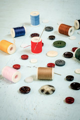 Vintage background with sewing tools and sewing kit