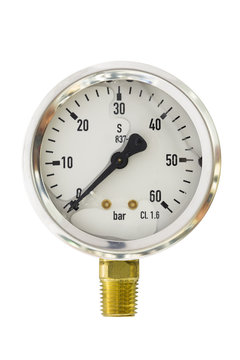 Pressure gauge range 0-60 Bar size 2.5" bourdon tube type isolate on white with clipping path
