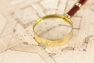 architecture blueprint -  house plans & magnifying glass
