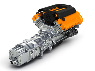 Automotive engine gearbox assembly.3D illustration.