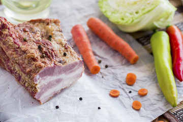 Smoked Meat with Vegetables on Brown Wooden Table