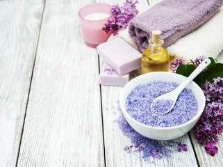Spa setting with lilac flowers