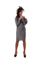 beautiful girl with perfect skin and bright red lipstick, black straight hair on a white background