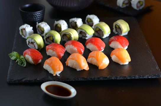dish with various types of sushi