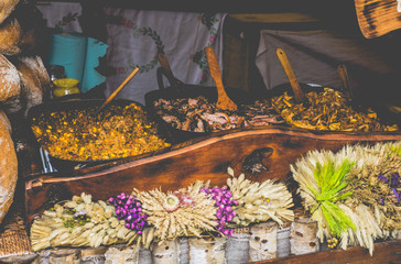 fair. food. food trade concept. old wooden hut in a vintage style background. bread on the ancient pillars. trade fair