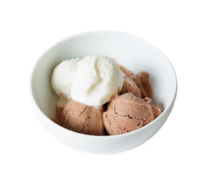 Scoops of vanilla and chocolate ice cream in bowl on white 