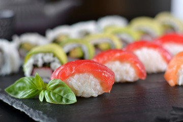dish with various types of sushi,