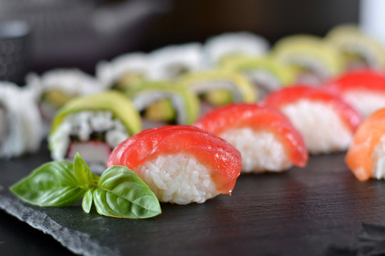 dish with various types of sushi,