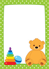 Vector light green frame with white polka dots. Brown teddy bear, stacking rings toy and ball. Place for text on a white background. Vertical format A3/A4, simple composition.
