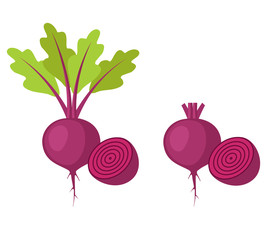 Flat icon beet with leaves and half of beet and beet without leaves and with half of beet. Vector illustration.