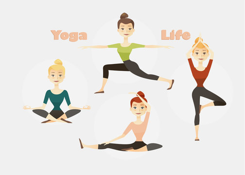 Set of four yoga poses for women. Vector illustration.
