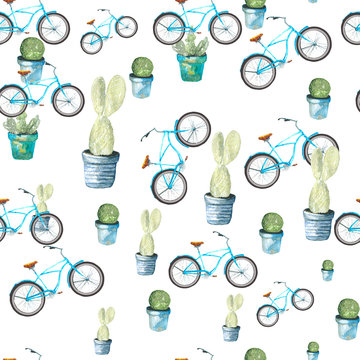 Cactus and the bike pattern. Drawing watercolor. Plants in pots and the turquoise bike.