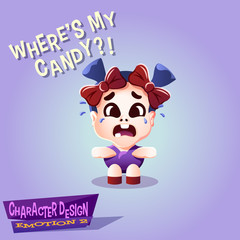 Sad crying little Kid with pigtails, bows and teeth. Sorrowful nagging Tot isolated vector illustration.