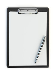 Clipboard and pen isolated on white with copy space.