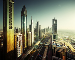 Dubai skyline in sunset time, United Arab Emirates