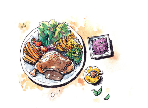 healthy food steak with salad flat lay watercolor illustration