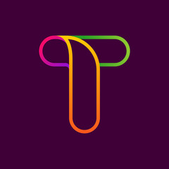 T letter one line neon colorful logo.
