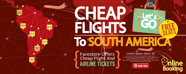 Cheap Flight To South America 1500x600 Banner Vector Illustration.
