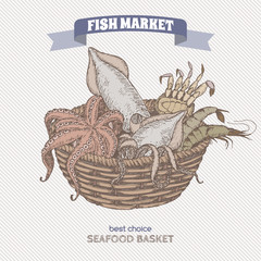 Color seafood basket sketch with octopus, crab, shrimp and squid. 