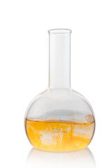 Laboratory flask with colored liquid on a white background