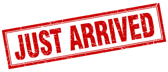 just arrived red grunge square stamp on white