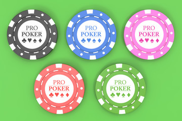 Casino chips on green table. Top view. 3d illustration