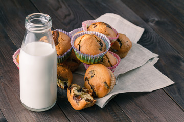 Breakfast with pastry and milk in bottle